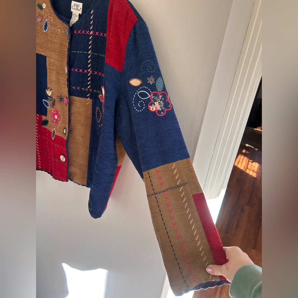 Vintage 90s Artsy Patchwork Novelty Embroidered Statement Jacket Whimsy Boho XL - Picture 9 of 15